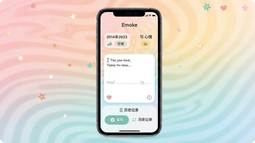 Emoke软件主界面展示,主体为一部竖屏手机,屏幕中显示情绪记录日记页面,布局上方为日期与心情标签,中部为文字输入区域,下方为保存按钮与历史记录入口,排版简洁居中,风格清新治愈,细节包含柔和渐变背景、圆角卡片、小图标点缀,画质清晰干净,无多余元素,画面中文字为“Emoke”