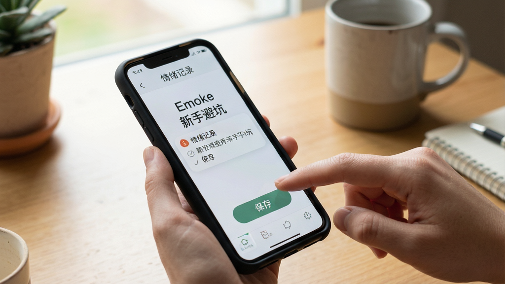 Emoke新手使用场景,主体为手机与手指点击屏幕,屏幕中显示情绪记录页面,布局为手指正在点击保存按钮,排版自然,风格生活化,细节包含桌面环境、柔和光线、手机保护壳,画质清晰干净,无多余元素,画面中文字为“Emoke 新手避坑”