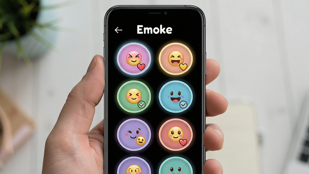 Emoke心情标签选择界面,主体为手机屏幕,屏幕中显示多个圆形心情标签按钮,布局为网格排列,排版整齐,风格活泼但不刺眼,细节包含不同颜色标签、小表情符号、选中高亮效果,画质清晰干净,无多余元素,画面中文字为“Emoke”