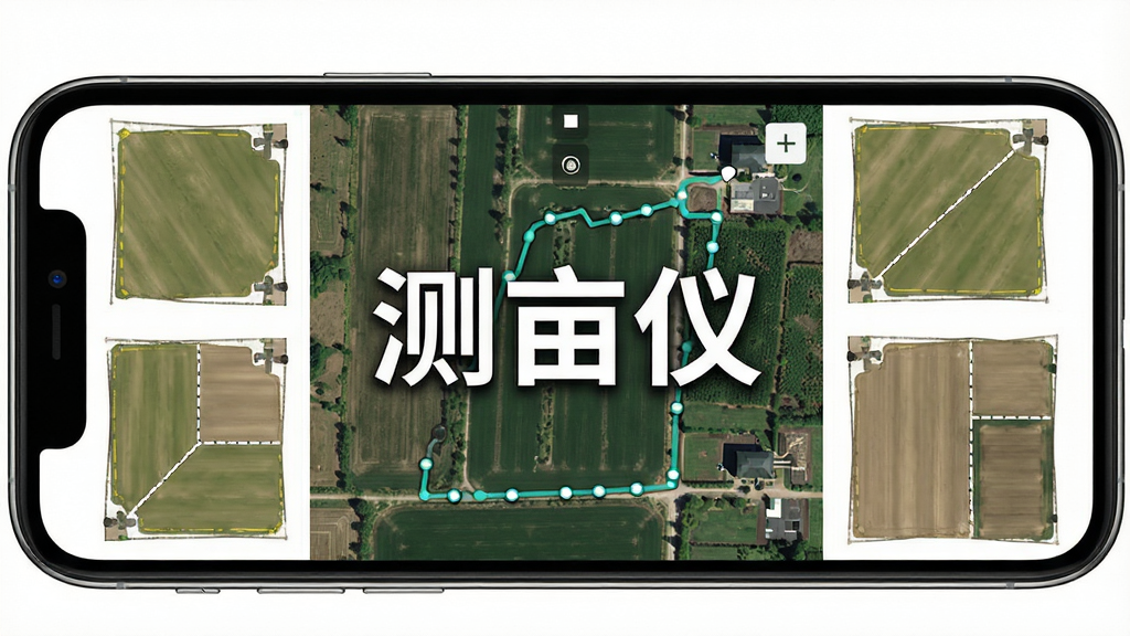 测亩仪软件主界面展示,手机屏幕中央显示卫星地图与测量轨迹,周围环绕农田与土地划分图形,画面清晰明亮,风格写实,布局居中,突出“测亩仪”文字标识,画质高清,干净无多余元素