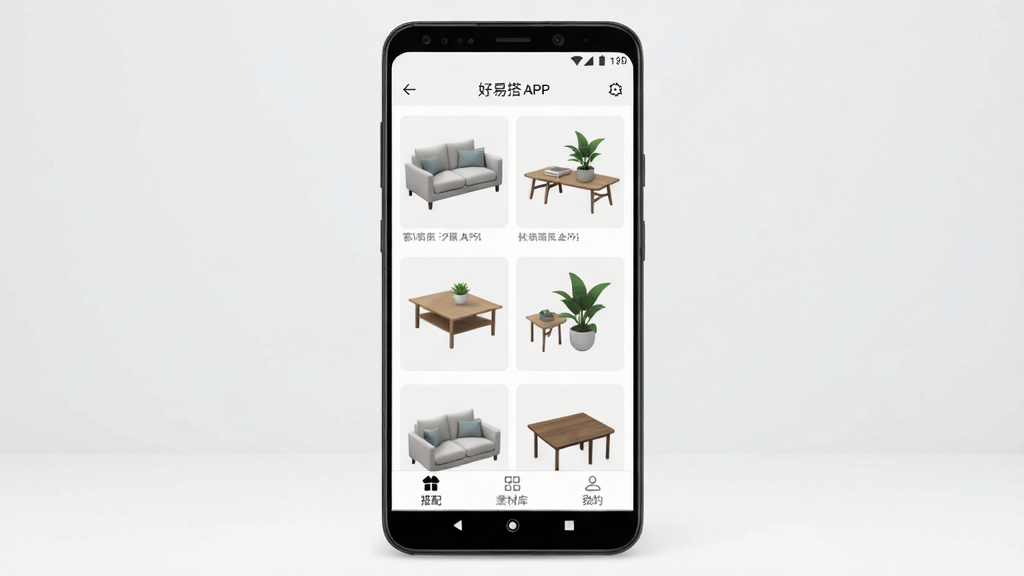 一张展示好易搭软件界面的手机预览图,画面中央是一部竖屏安卓手机,手机屏幕上显示好易搭APP的主页,主页包含客厅沙发、茶几、绿植等家具模型缩略图,底部有搭配、素材库、我的三个导航按钮,背景为浅灰色极简风格,整体布局干净整洁,画质清晰,无多余元素