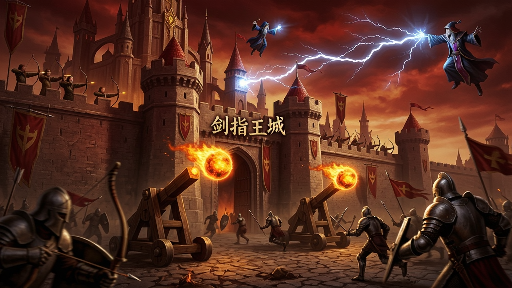 一座巨大的魔幻王城正在遭受攻击,城墙上有弓箭手射击,城门外有投石车投掷火球,身穿重甲的战士正在冲锋,天空中法师释放闪电魔法,画面采用写实魔幻风格,色调以暗红与金色为主,战场气氛紧张激烈,细节丰富,画质高清,干净无多余元素,画面中带有文字“剑指王城”