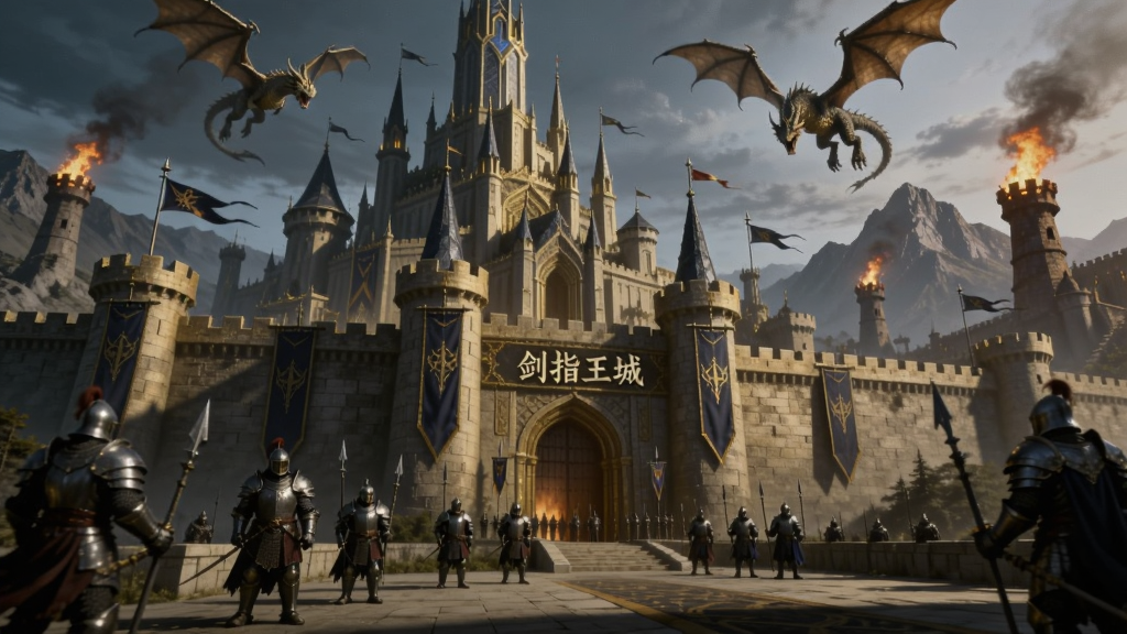 一座宏伟的魔幻风格王城矗立在画面中央,城墙高耸、旗帜飘扬,城门前有身穿铠甲的骑士列队站立,天空中有巨龙飞过,远处是连绵的山脉与燃烧的烽火台,画面采用写实魔幻风格,色调以暗金与深蓝为主,细节丰富,光影层次分明,画质高清,干净无多余元素,画面中带有文字“剑指王城”