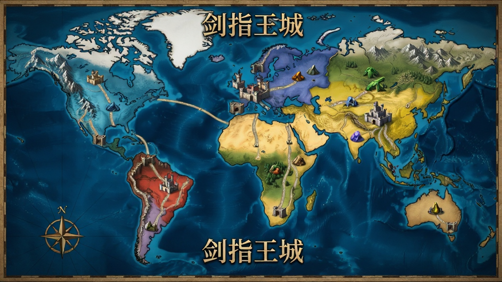 一张魔幻风格的世界地图,上面分布着不同颜色的联盟领地,领地之间有道路连接,地图上有城堡、资源点、关隘等标记,画面采用写实魔幻风格,色调以蓝色与金色为主,细节丰富,画质高清,干净无多余元素,画面中带有文字“剑指王城”