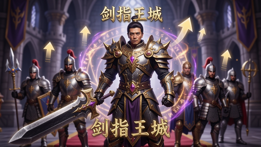 一位身穿华丽铠甲的英雄角色站在画面中央,手持巨剑,身后跟随不同职业的士兵,周围环绕着魔法光环与升级箭头,背景是魔幻风格的城堡大厅,画面采用写实魔幻风格,色调以金色与紫色为主,细节丰富,画质高清,干净无多余元素,画面中带有文字“剑指王城”
