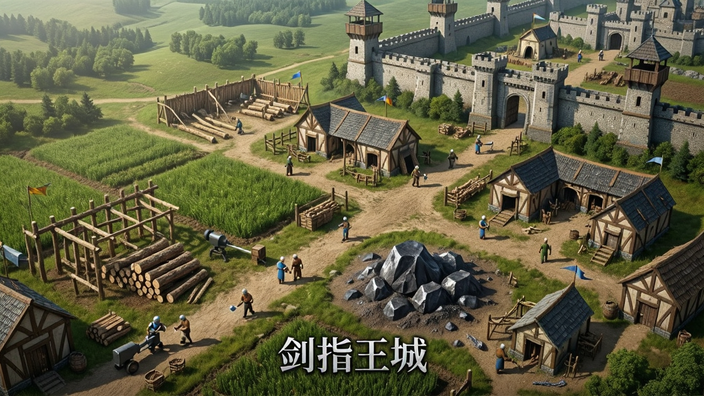 一座正在建设中的魔幻城池俯瞰图,农田、伐木场、铁矿、兵营等建筑错落有致,工人们正在忙碌,远处有城墙与望塔,画面采用写实魔幻风格,色调以绿色与棕色为主,细节丰富,画质高清,干净无多余元素,画面中带有文字“剑指王城”