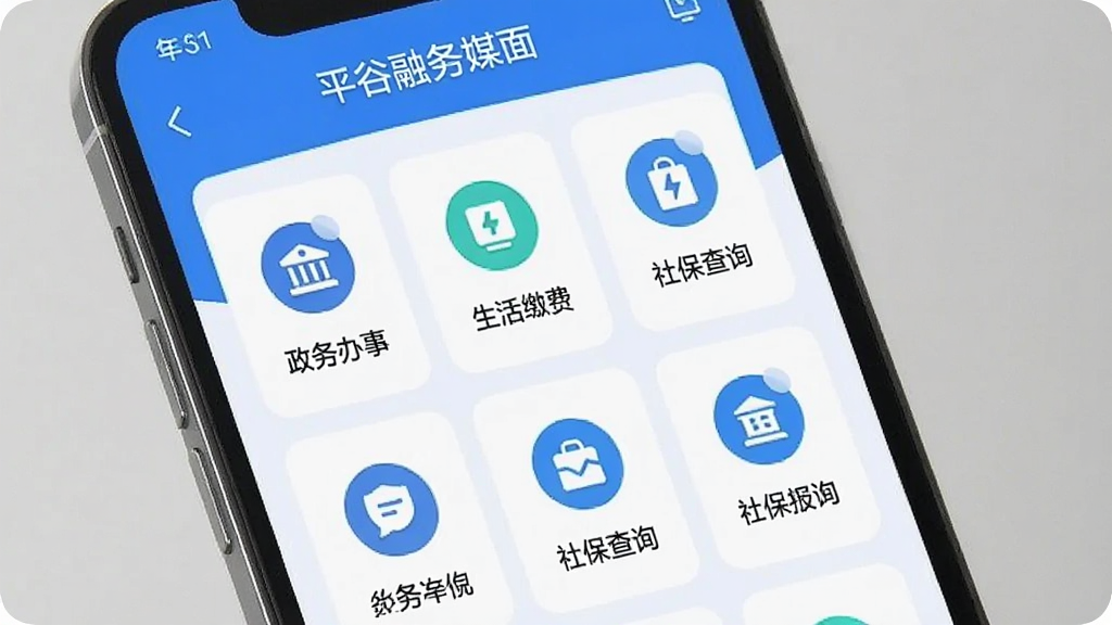 一张手机屏幕展示平谷融媒APP便民服务页面,页面中有政务办事、生活缴费、社保查询等功能图标整齐排列,配色以蓝色和白色为主,界面清爽干净,适合作为功能展示图