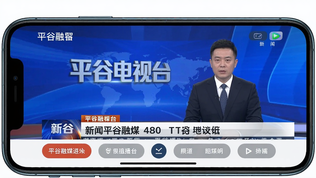 一张手机屏幕展示平谷融媒APP电视直播界面,画面中有平谷电视台正在播出的新闻节目画面,底部有频道切换按钮,手机横屏显示,整体风格专业简洁,画质清晰,无多余元素