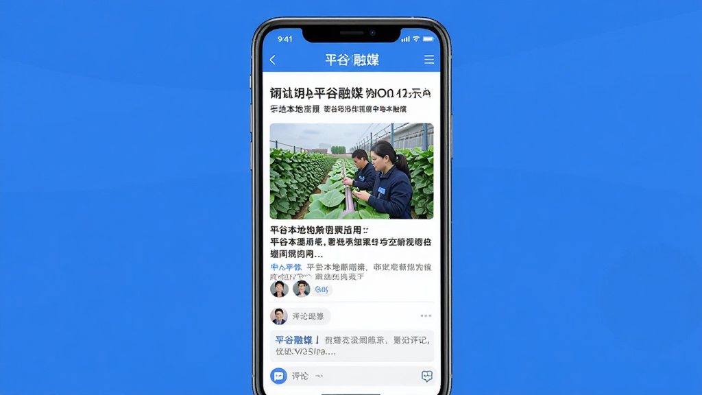 一张手机屏幕展示平谷融媒APP新闻详情页,页面中有平谷本地新闻标题和配图,下方有评论互动区域,界面设计清爽,蓝色主题色调,画面干净,适合软件功能介绍配图,画质清晰