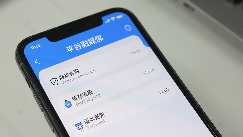 一张手机屏幕展示平谷融媒APP设置页面,页面中有通知管理、缓存清理、版本更新等选项,界面简洁,蓝色调,适合软件使用教程配图,画质清晰干净