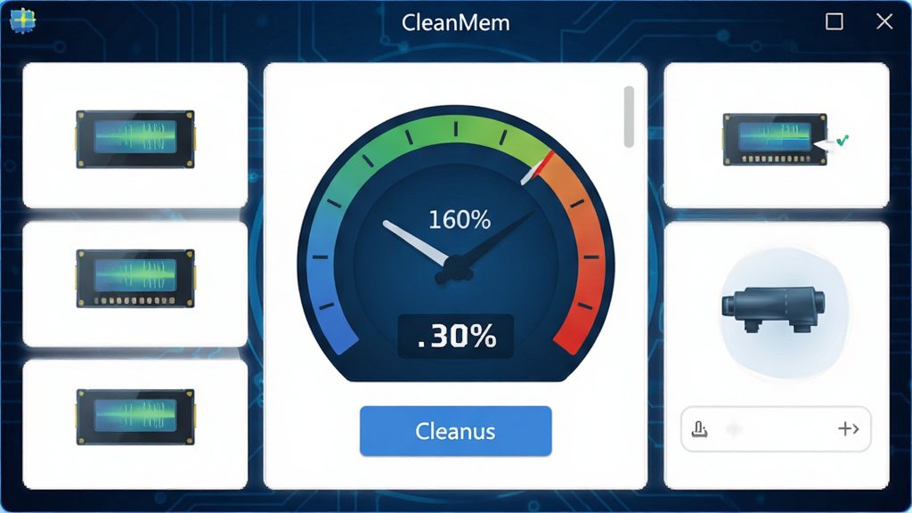 CleanMem软件主界面截图,画面中央展示软件名称“CleanMem”和内存使用率仪表盘,背景为深蓝色科技风格,布局简洁清晰,排版以数据面板为主,风格现代简约,细节包含内存条图标、百分比数字和清理按钮,画质高清、干净、无多余元素