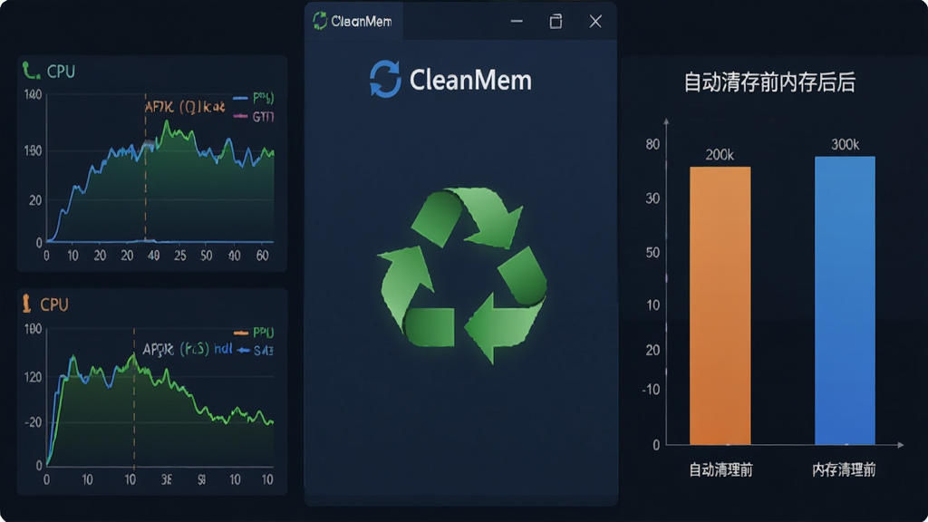 CleanMem智能空闲内存回收功能示意图,画面左侧显示CPU和内存占用曲线,右侧展示自动清理前后的内存对比柱状图,主体为软件界面元素,布局左右分栏,排版清晰直观,风格商务科技,细节包含“CleanMem”字样和绿色回收箭头,画质高清、干净、无多余元素