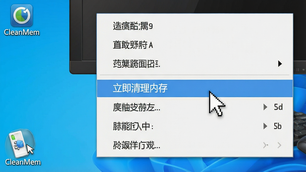 CleanMem新手操作示意图,画面展示电脑桌面上右键点击CleanMem托盘图标弹出菜单,菜单中高亮“立即清理内存”选项,布局为桌面截图风格,排版突出鼠标指针和菜单项,风格写实清晰,细节包含“CleanMem”图标和中文菜单文字,画质高清、干净、无多余元素