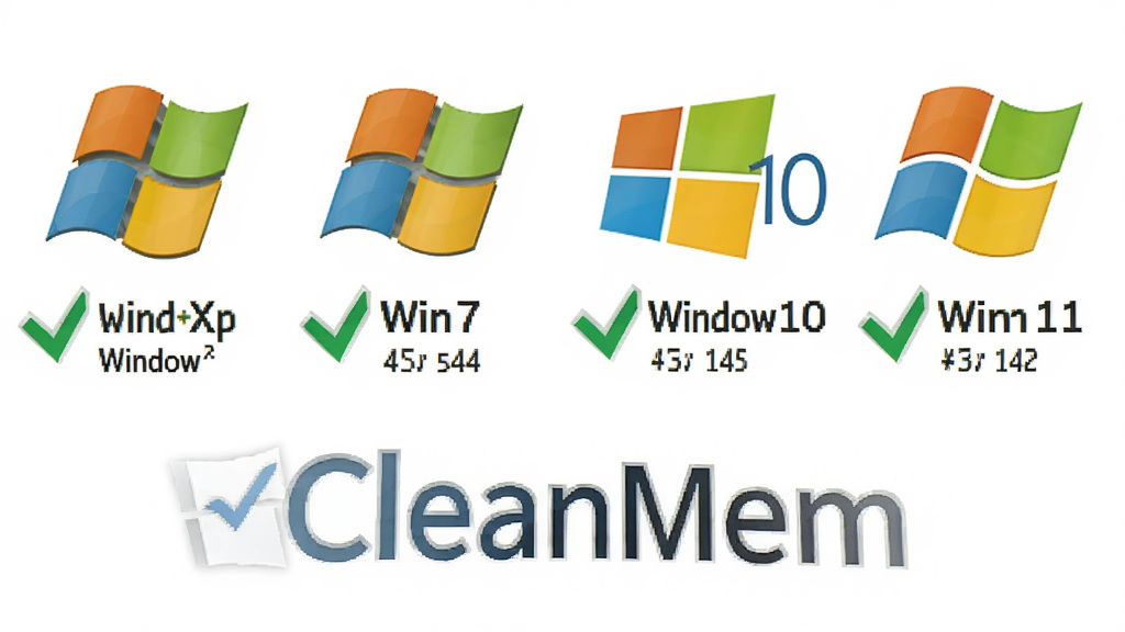 CleanMem多系统兼容展示图,画面中央排列Windows XP、Win7、Win10、Win11的图标,下方显示“CleanMem”兼容标识,布局横向排列整齐,风格扁平化设计,细节包含绿色对勾和系统版本号,画质高清、干净、无多余元素