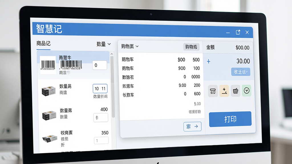 软件“智慧记”销售开单界面特写,主体为电脑屏幕中商品选择与收款结算窗口,布局为左侧商品列表、中间购物车明细、右侧金额汇总与打印按钮;排版整齐,风格为清爽办公风;细节包括商品条码、数量输入框、折扣栏、收款方式图标;画质高清、干净、无多余元素