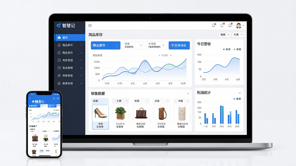 软件“智慧记”主界面全景展示,主体为笔记本电脑屏幕中运行的进销存管理软件界面,左侧为功能导航栏,中间为商品库存与销售数据看板,右侧为今日营收与利润统计图表;布局采用居中构图,屏幕前方摆放一台手机展示移动端同步界面;排版清晰,风格为现代商务科技风;细节包括蓝白配色、数据卡片、折线图与柱状图、商品缩略图;画质高清、干净、无多余元素