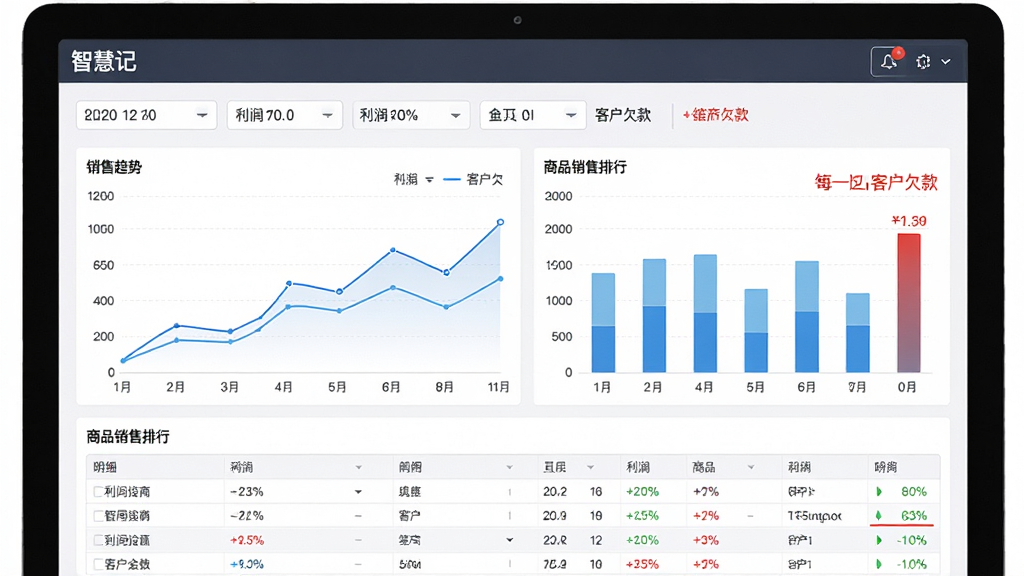 软件“智慧记”经营数据报表页面,主体为电脑屏幕中销售趋势折线图与商品销售排行柱状图,布局为上方筛选条件栏、中间图表区、下方明细表格;排版简洁,风格为现代数据可视化风;细节包括日期选择器、利润百分比、客户欠款红字提示;画质高清、干净、无多余元素