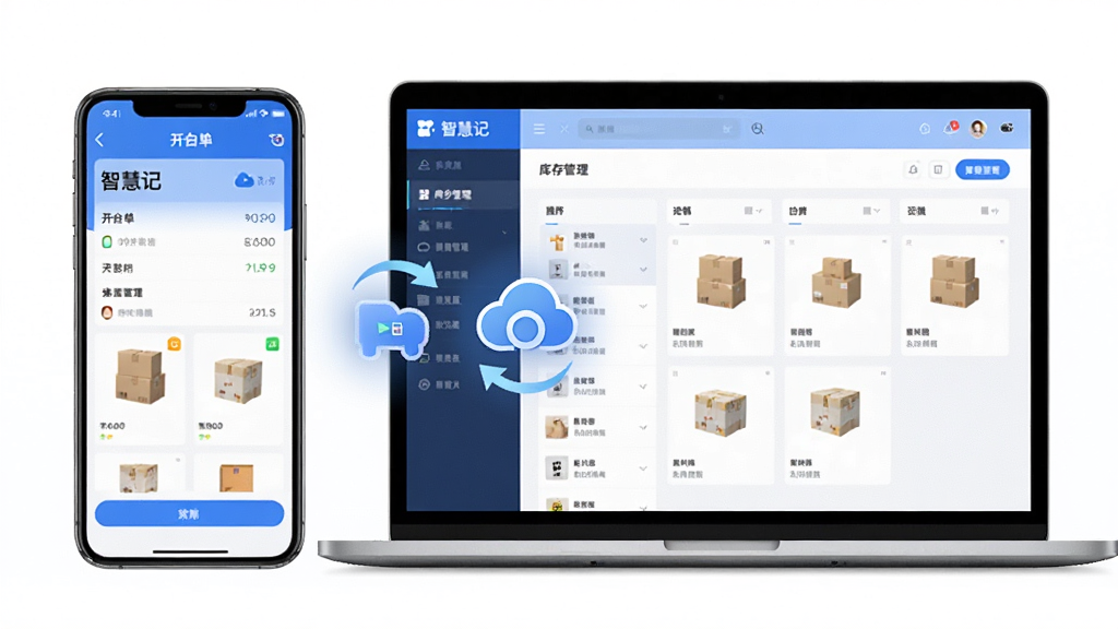 软件“智慧记”多端同步场景图,主体为一部手机与一台笔记本电脑并排展示,手机屏幕显示移动端开单界面,电脑屏幕显示库存管理界面,中间用同步图标连接;布局左右对称,风格为科技商务风;细节包括同步箭头、数据云图标、商品图片;画质高清、干净、无多余元素