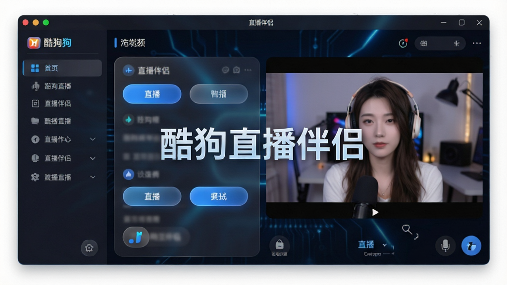 一张展示酷狗直播伴侣软件界面的全景图,画面中央是软件主窗口,左侧为功能导航栏,右侧为直播预览画面,窗口内清晰标注“酷狗直播伴侣”字样。主体为软件界面,布局居中展示,排版采用横版宽屏构图,风格为现代科技感UI设计,细节包括半透明毛玻璃效果、圆角按钮、深色主题背景搭配酷狗标志性的蓝色光效,画质为4K高清,干净无多余元素。