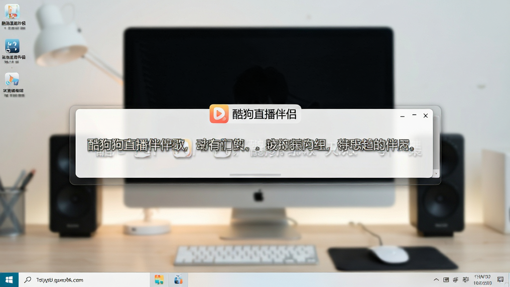 一张展示酷狗直播伴侣桌面歌词悬浮窗的图片,画面主体为电脑桌面,桌面中央悬浮着歌词显示条,歌词文字清晰,歌词条上方带有“酷狗直播伴侣”小图标。布局为全屏桌面截图风格,排版简洁,风格为清新浅色,细节包括歌词阴影与半透明背景,画质为4K高清,干净无多余元素。