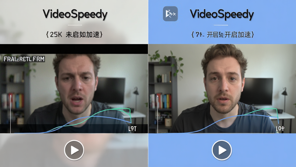 一张展示VideoSpeedy动态帧率补偿技术的对比图,主体为左右分屏对比画面,布局左侧为未开启加速的卡顿画面、右侧为开启加速后的流畅画面,排版横向并列,风格为写实风格,细节包含帧率数字对比、平滑曲线、播放按钮图标,画质高清,干净无多余元素