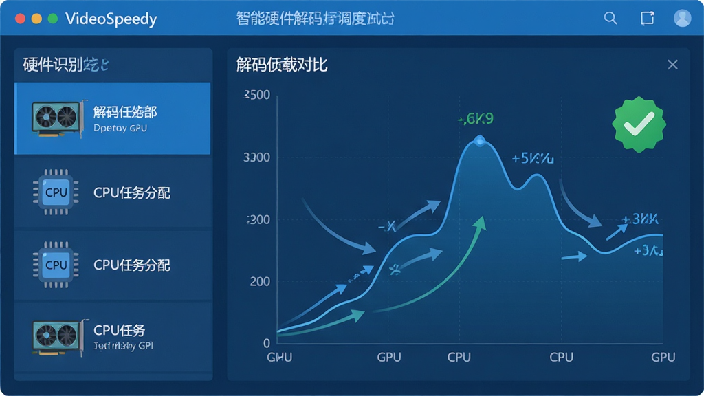 一张展示VideoSpeedy智能硬件解码调度功能的示意图,主体为软件界面中GPU与CPU负载对比图,布局为左侧硬件识别列表、右侧动态负载曲线,排版上下结构,风格为扁平化科技蓝风格,细节包含显卡图标、CPU图标、解码任务分配箭头、绿色节能标识,画质高清,干净无多余元素