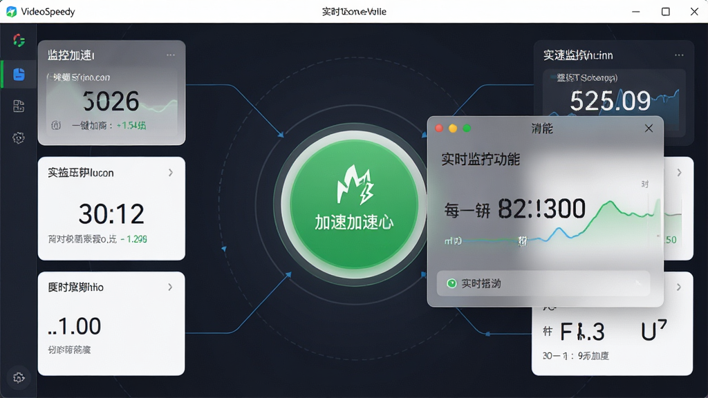 一张展示VideoSpeedy一键加速与实时监控功能的界面图,主体为软件主界面与悬浮窗,布局为中央大按钮、四周环绕监控数据面板,排版对称式,风格为简约现代风,细节包含绿色加速按钮、帧率数字跳动、悬浮窗半透明效果,画质高清,干净无多余元素