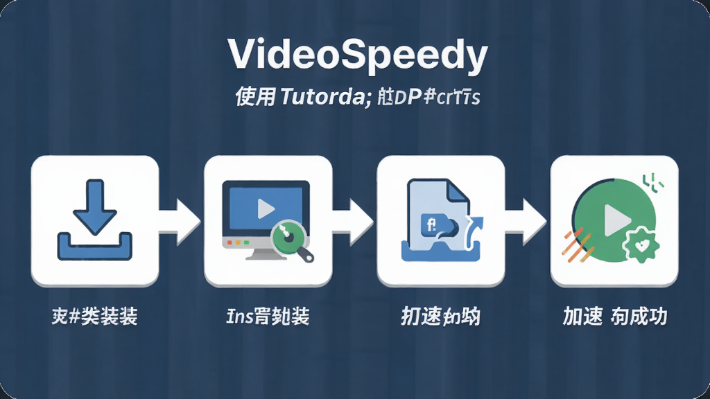 一张展示VideoSpeedy使用教程步骤的流程图,主体为从安装到加速的四个步骤图标,布局为横向箭头连接,排版清晰,风格为扁平化插画风,细节包含下载图标、安装图标、拖拽文件图标、加速成功图标,画质高清,干净无多余元素