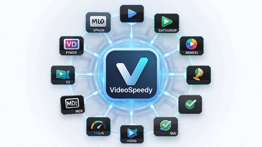 一张展示VideoSpeedy多格式兼容与低资源占用特性的概念图,主体为多种视频格式图标环绕软件Logo,布局为圆形放射状,排版中心突出,风格为科技光效风格,细节包含格式缩写文字、内存占用小仪表、兼容对勾标识,画质高清,干净无多余元素