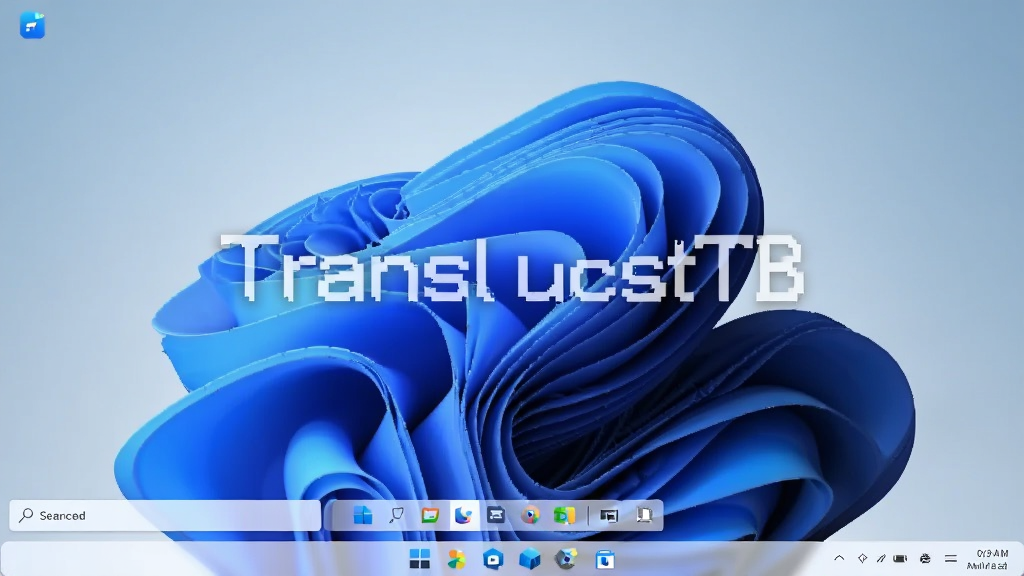 一张展示 Windows 11 桌面场景的图片,画面中央是带有透明任务栏的电脑屏幕,任务栏完全透明与壁纸融为一体,壁纸为蓝色渐变山脉风景,任务栏上显示开始菜单图标、搜索框、几个应用图标以及右下角的时间日期,屏幕下方桌面图标排列整齐,整体风格简洁现代,画质清晰干净,无多余元素,图片中打文字“TranslucentTB”