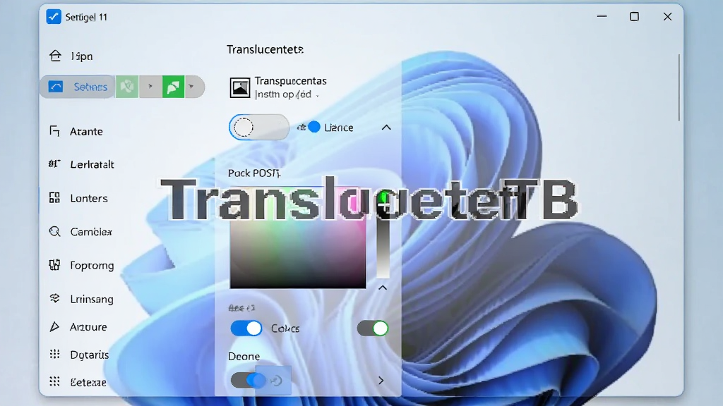 一张展示 TranslucentTB 软件设置界面的图片,主体是软件窗口,布局为左侧菜单栏和右侧选项区域,排版整齐,风格为 Windows 11 原生设置界面风格,细节包括透明模式选项、颜色选择器、动态模式开关等,画质清晰干净,无多余元素,图片中打文字“TranslucentTB”