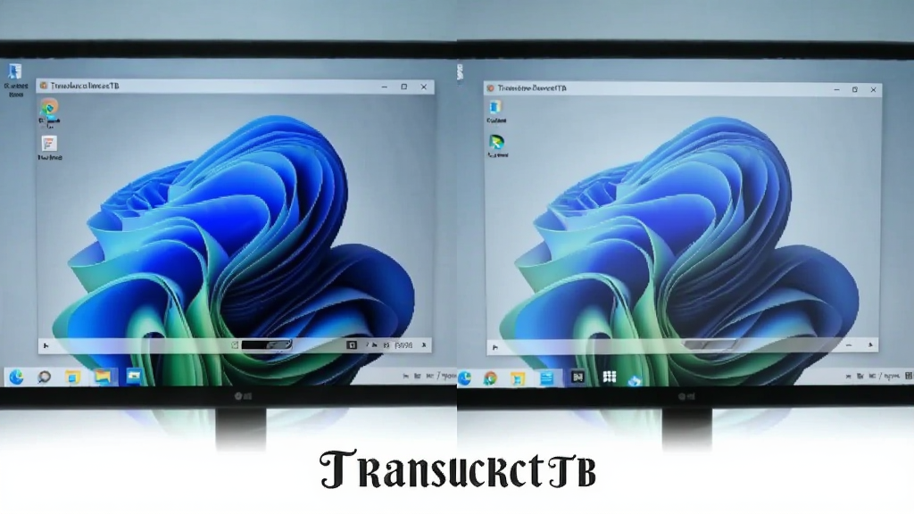 一张展示 TranslucentTB 动态效果的对比图,主体是电脑屏幕,布局为左右分屏对比,左侧显示窗口最大化时任务栏变为不透明状态,右侧显示窗口还原后任务栏恢复透明状态,风格为写实科技风,细节包括任务栏透明度变化、窗口边框、桌面壁纸,画质清晰干净,无多余元素,图片中打文字“TranslucentTB”