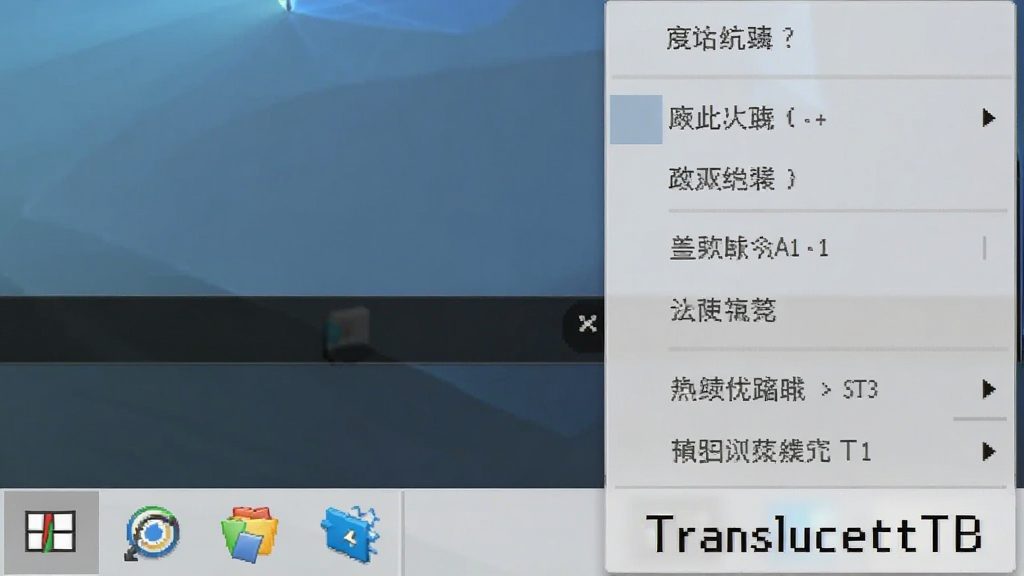 一张展示 TranslucentTB 在系统托盘运行的图片,主体是 Windows 任务栏右下角托盘区域,布局为特写镜头,风格为简约写实,细节包括托盘图标、右键菜单选项、透明任务栏背景,画质清晰干净,无多余元素,图片中打文字“TranslucentTB”