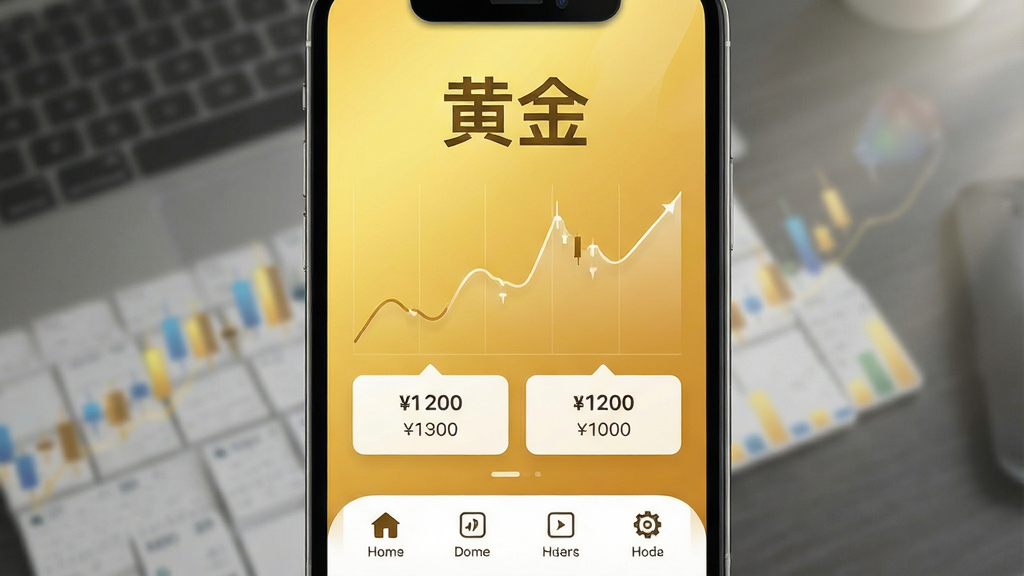 一张手机屏幕展示黄金行情应用的界面截图,画面中央为明亮的金色渐变背景,上方显示大字标题