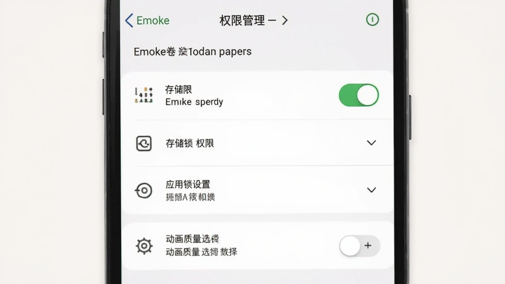 Emoke情绪纸卷安装设置界面,手机屏幕显示权限管理页面,包括存储权限、应用锁设置、动画质量选择等选项,背景为浅色,布局为手机竖屏设置页,风格为扁平化UI设计,细节包括开关按钮、下拉菜单、图标线条,画质清晰,干净,无多余元素。