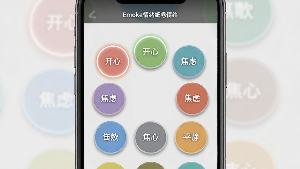 Emoke情绪纸卷情绪标签选择界面,手机屏幕显示多个彩色圆形标签,标签上写有情绪词汇,如开心、平静、焦虑等,标签排列成环形或网格状,背景为浅灰色,界面风格清新简约,布局为手机竖屏截图样式,细节包括标签的柔和阴影、选中状态的高亮描边、顶部标题栏,画质清晰,干净,无多余元素。