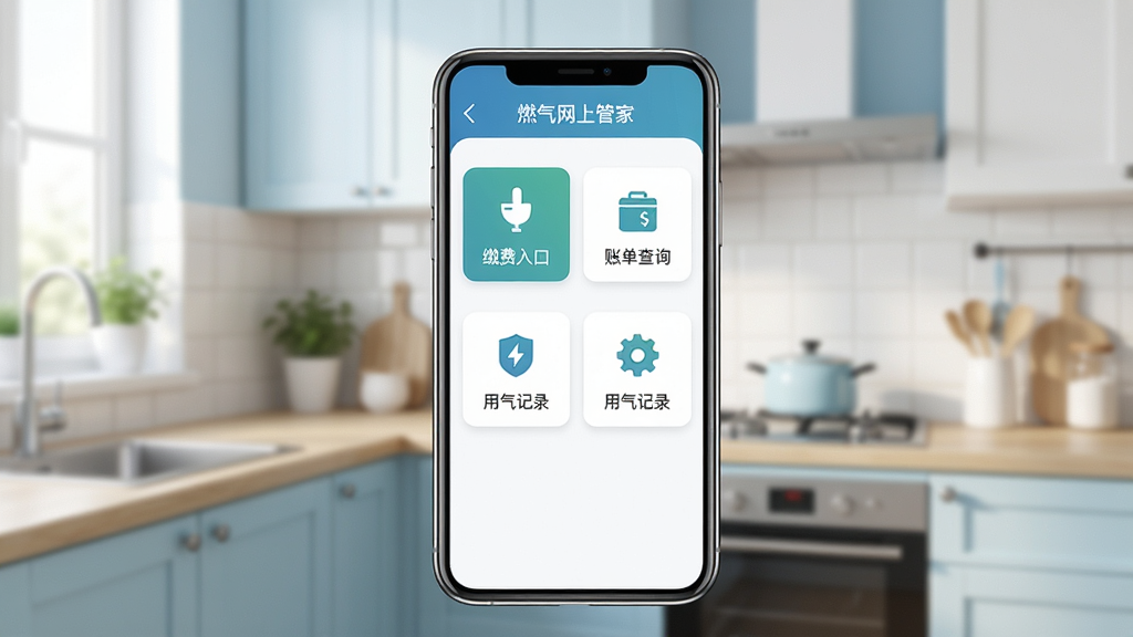 燃气网上管家手机应用主界面展示,画面中央是一部智能手机,屏幕上显示燃气网上管家的首页布局,包含缴费入口、账单查询、用气记录等功能模块图标,背景为温馨的家居厨房场景,浅蓝色与白色为主色调,风格简洁现代,细节清晰,画质干净,无多余元素