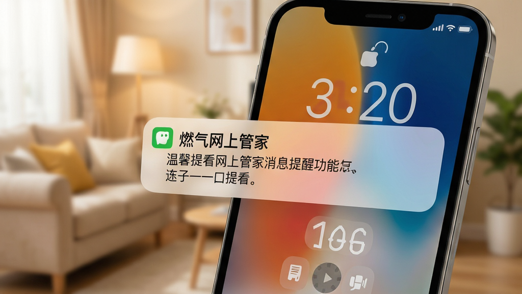 燃气网上管家消息提醒功能展示,手机锁屏界面弹出缴费提醒通知,通知栏显示