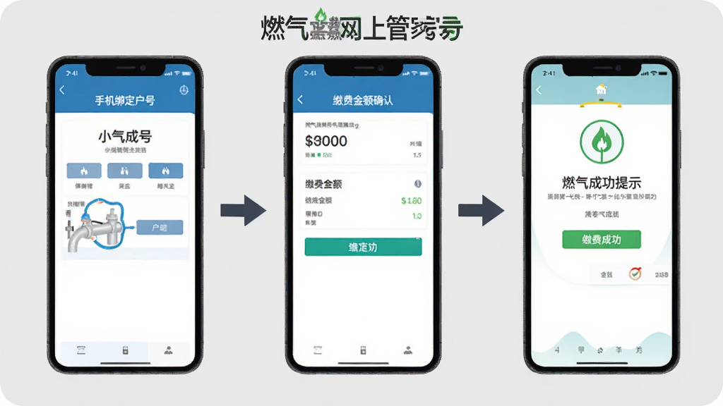 燃气网上管家使用操作流程图解,画面分为三个步骤展示,第一步手机绑定户号界面,第二步缴费金额确认页面,第三步缴费成功提示页面,三个手机屏幕并排排列,用箭头连接,背景为浅灰色,风格简洁明了,画面中带有