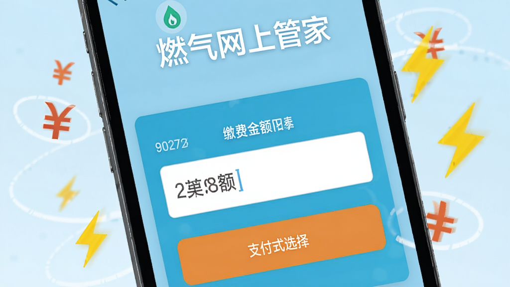 燃气网上管家在线缴费功能界面,手机屏幕特写展示缴费金额输入框和支付方式选择按钮,周围环绕着人民币符号和闪电图标象征快速到账,背景为淡蓝色渐变,风格扁平化设计,画面中带有