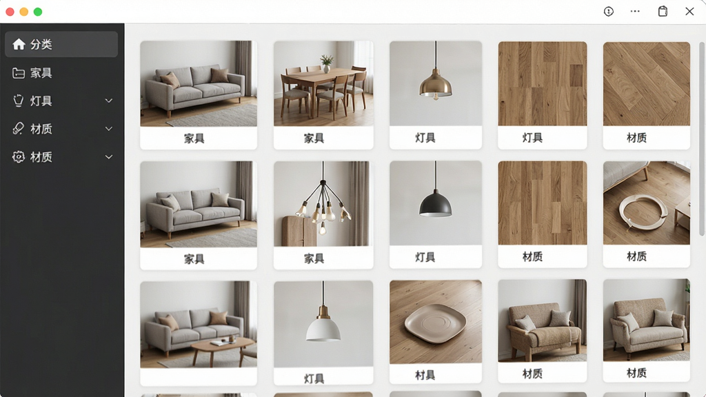 考拉猫3D家装设计软件素材库面板预览图,主体为软件界面中的模型与材质缩略图网格,布局为左侧分类导航、右侧缩略图展示区,排版采用卡片式网格风格,细节包含沙发、餐桌、吊灯、木地板纹理等缩略图,画面中文字标注为“家具”“灯具”“材质”,画质清晰,画面干净,无多余元素