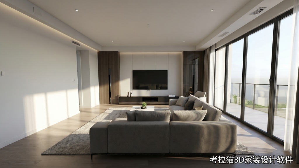 考拉猫3D家装设计软件三维漫游渲染效果图,主体为室内客厅全景视角,布局为沙发、电视墙、落地窗与地毯构成的前中后景,排版采用广角透视构图,风格为现代简约家居,细节包含自然光线从窗户射入、材质反射与阴影过渡,画面中文字标注为“考拉猫3D家装设计软件”,画质清晰,画面干净,无多余元素
