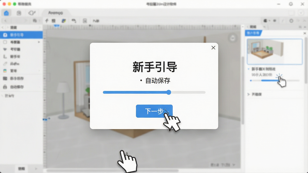 考拉猫3D家装设计软件新手操作提示图,主体为软件界面中的帮助提示弹窗,布局为居中弹窗与背景工作区,排版采用简洁信息框风格,细节包含鼠标点击“下一步”按钮与进度指示条,画面中文字标注为“新手引导”“自动保存”,画质清晰,画面干净,无多余元素