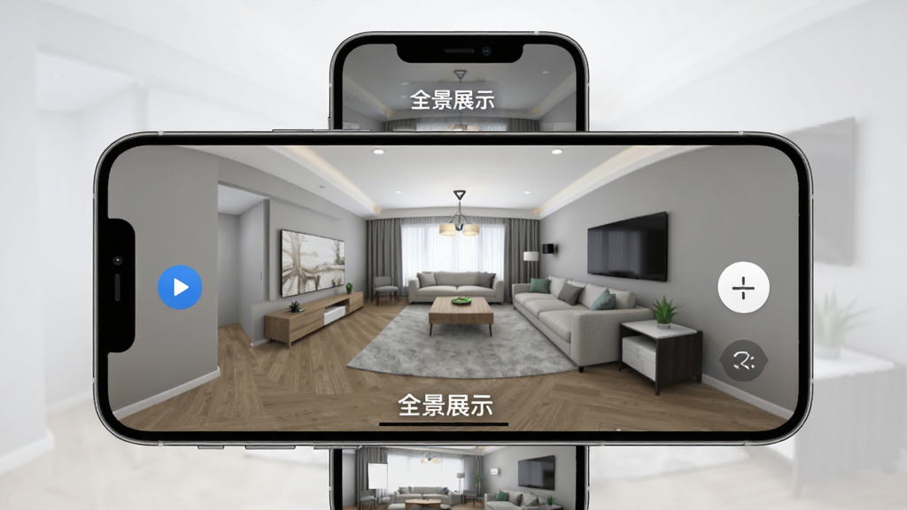 考拉猫3D家装设计软件全景图展示界面,主体为手机屏幕中显示的全景客厅画面,布局为手机居中、背景为浅灰色渐变,排版采用产品展示风格,细节包含全景视角指示图标与房间切换按钮,画面中文字标注为“全景展示”,画质清晰,画面干净,无多余元素
