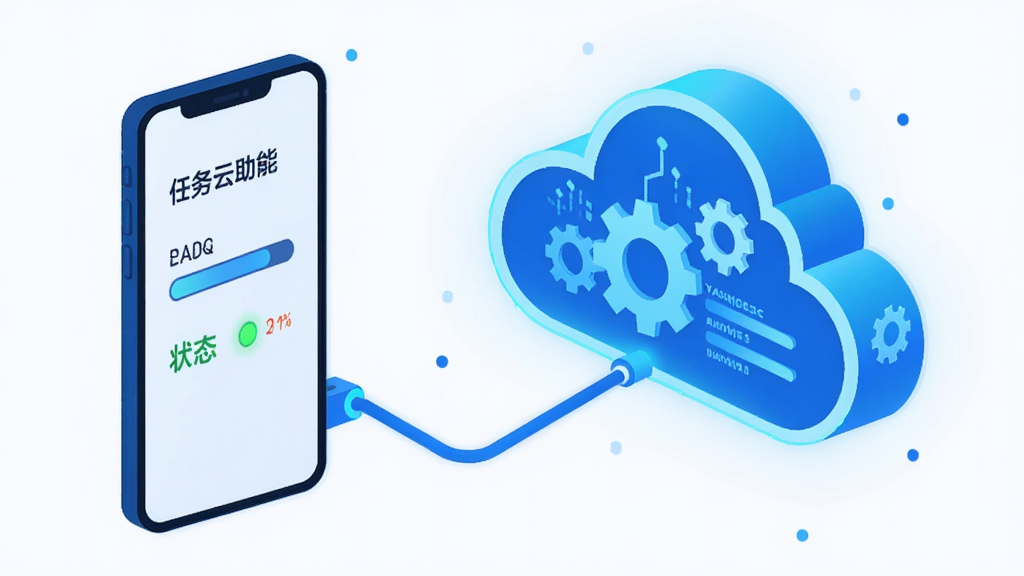 AR云助手云端任务托管功能示意图,画面中一部手机与一朵发光的云形服务器相连,手机屏幕上显示任务进度条和状态指示灯,云朵内部有齿轮与数据流元素,整体采用科技蓝配色,扁平化插画风格,画质清晰,干净无多余元素