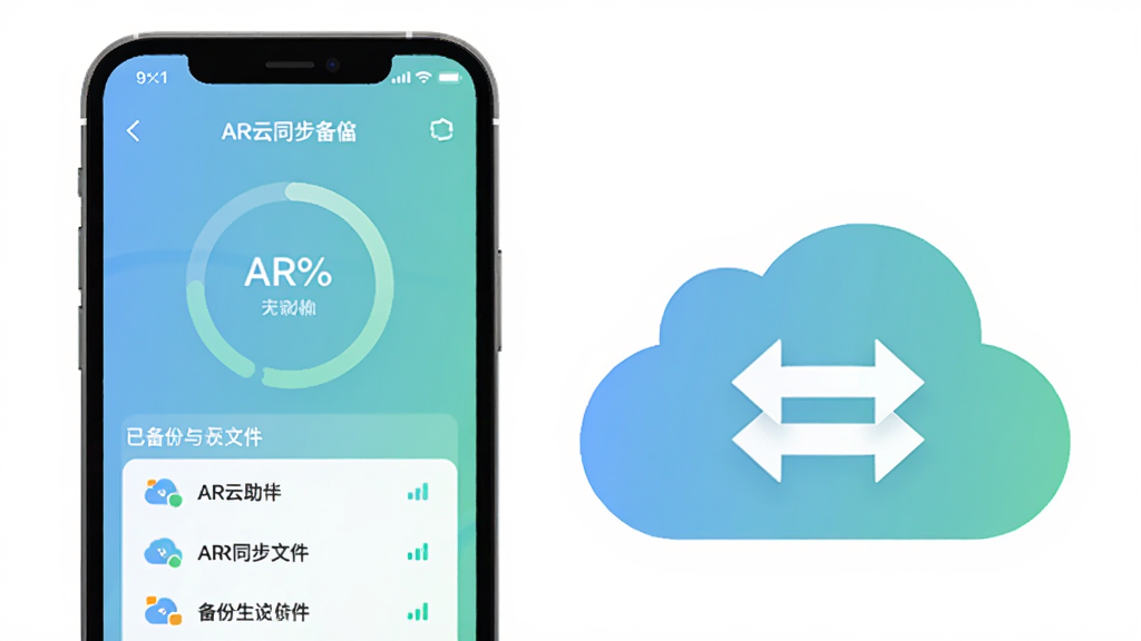 AR云助手数据同步与备份功能示意图,画面中手机屏幕显示同步进度环和已备份文件列表,旁边有云朵图标和双向箭头,整体采用柔和的蓝绿渐变色调,扁平化设计风格,画质清晰,干净无多余元素