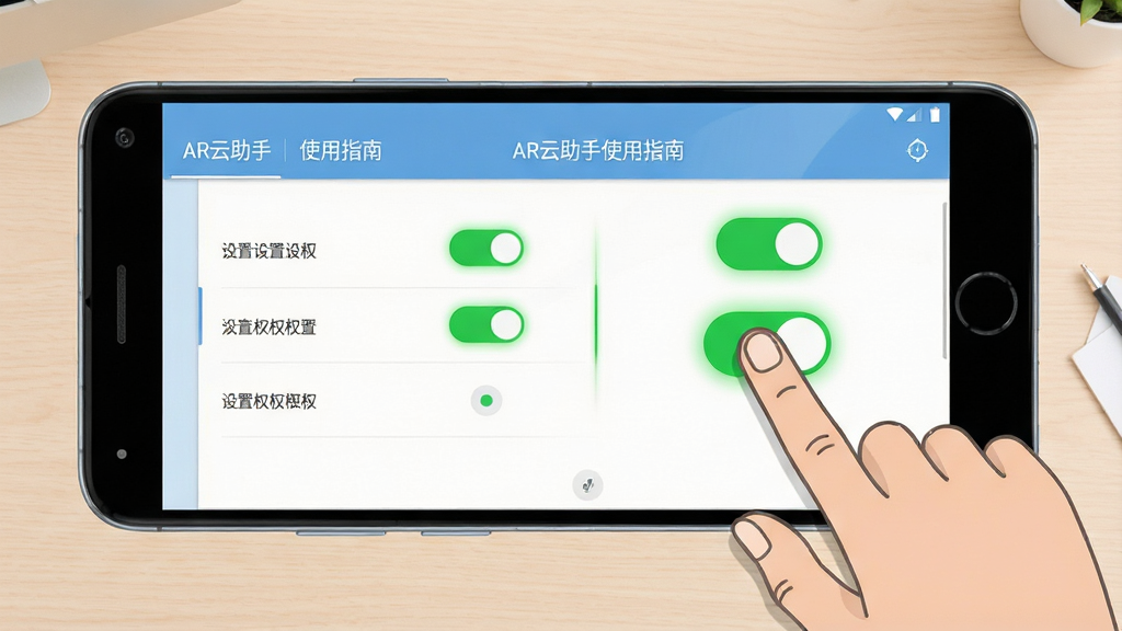 AR云助手使用指南示意图,画面中一部安卓手机展示设置界面,旁边有手指点击屏幕的示意手势,关键权限开关以绿色高亮显示,背景为浅色桌面,整体风格简洁明快,画质清晰,干净无多余元素