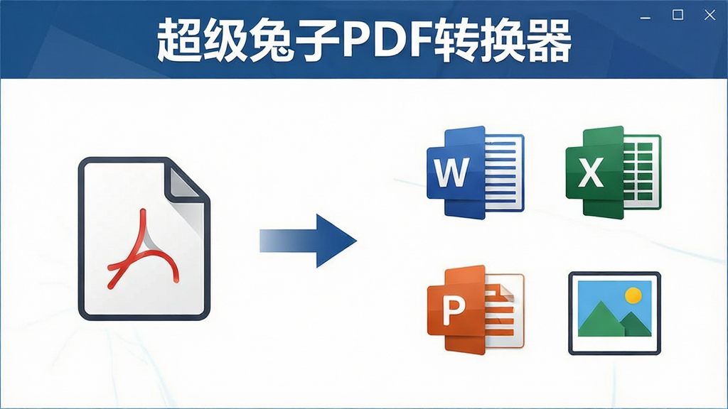一张展示超级兔子PDF转换器格式转换功能的图片,画面中央为转换流程示意图,左侧为PDF文件图标,右侧为Word、Excel、PPT、图片等格式图标,中间用箭头连接,上方有软件名称“超级兔子PDF转换器”,布局清晰,排版整齐,风格简洁商务,细节包括文件图标与箭头,画质清晰,干净,无多余元素