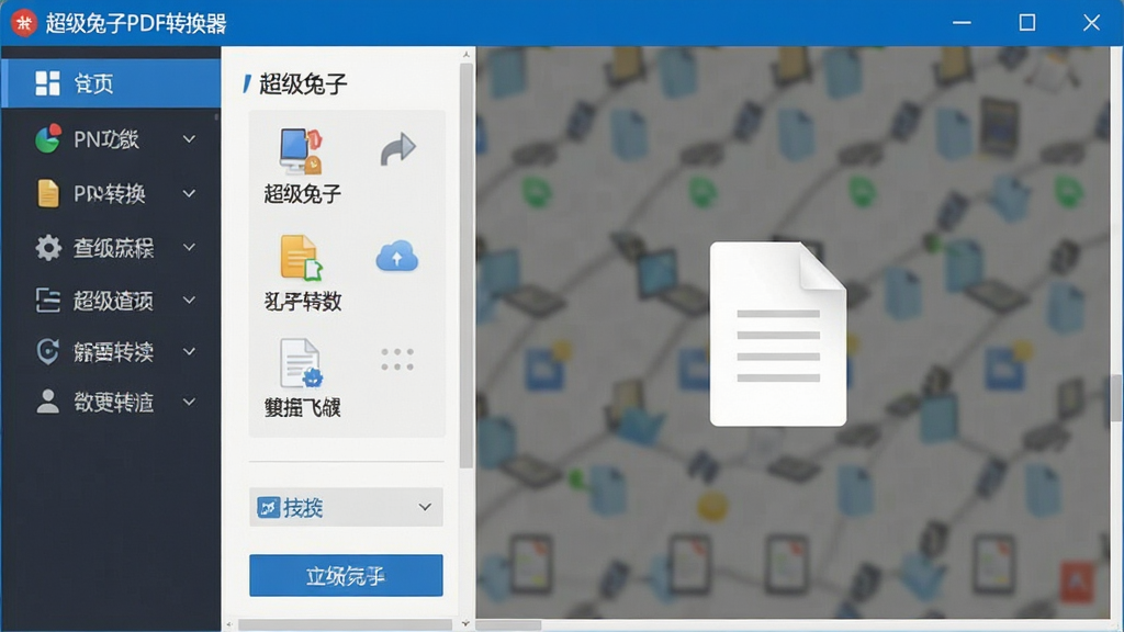 一张展示超级兔子PDF转换器软件界面的图片,画面中央为主操作窗口,左侧为功能导航栏,右侧为文件拖拽区域,窗口上方有软件名称“超级兔子PDF转换器”,整体布局清晰,排版整齐,风格简洁现代,细节包括功能图标与按钮,画质清晰,干净,无多余元素