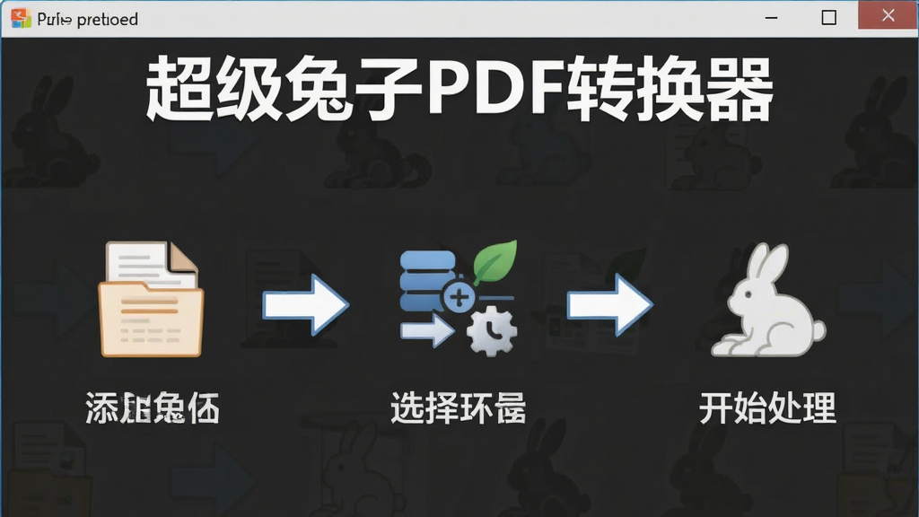 一张展示超级兔子PDF转换器操作步骤的图片,画面中央为软件操作流程图,从添加文件到选择功能再到开始处理,每一步用图标与文字标注,上方有软件名称“超级兔子PDF转换器”,布局清晰,排版整齐,风格简洁直观,细节包括流程箭头与步骤图标,画质清晰,干净,无多余元素